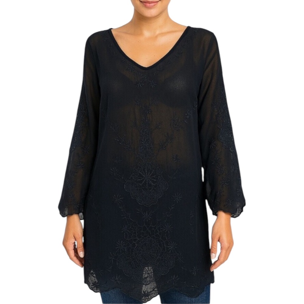 ASTR The Label Black Embroidered Sheer V-Neck Tunic Dress Bell Sleeve Medium NWT